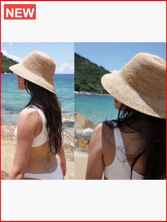 Handwoven Natural Raffia Straw Bucket Sun Hat Foldable Wide Brim UPF 50+ main image 4
